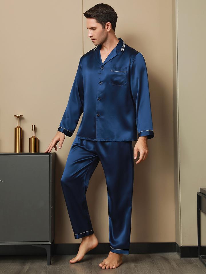 Luxurious Embroidered Collar Blue Men's Pure Silk Pajamas