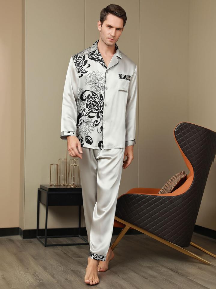 Pure Silk Men's Floral Printed Lapel Pajama Set