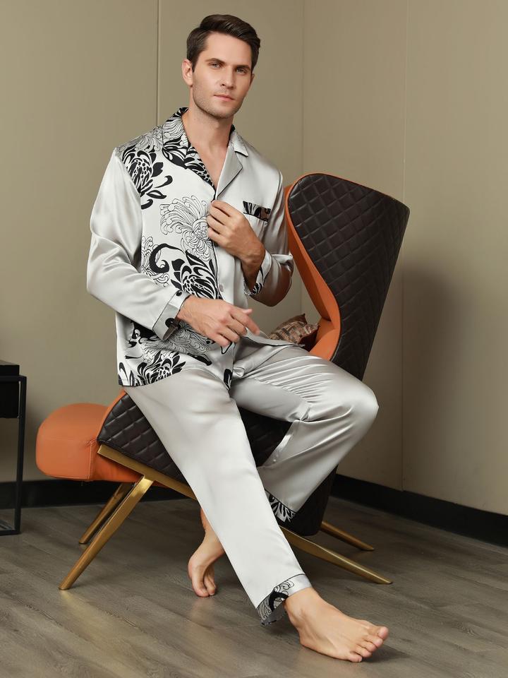 Pure Silk Men's Floral Printed Lapel Pajama Set