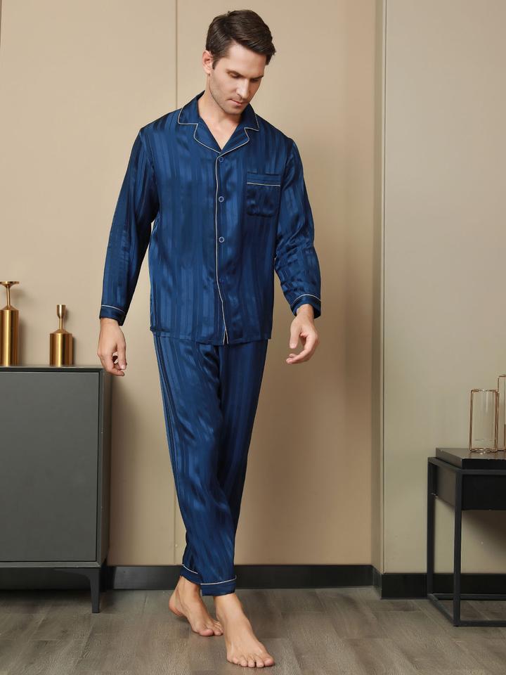Luxurious Silk Men's Stripe Pajamas 2Pcs