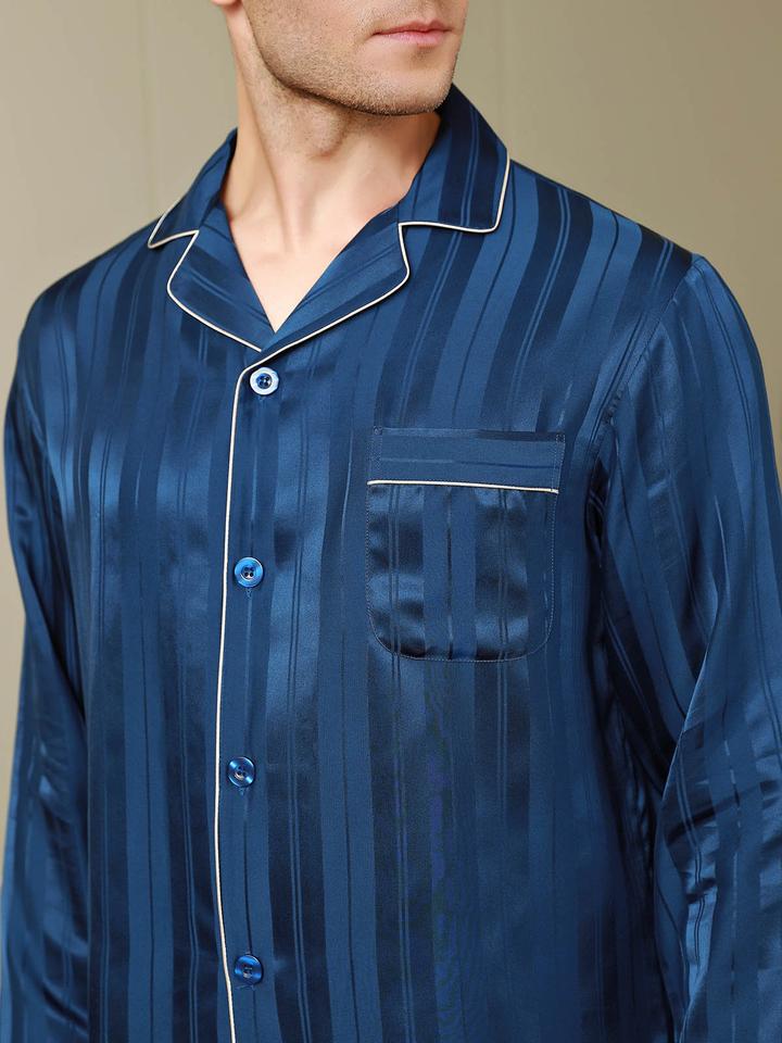 Luxurious Silk Men's Stripe Pajamas 2Pcs