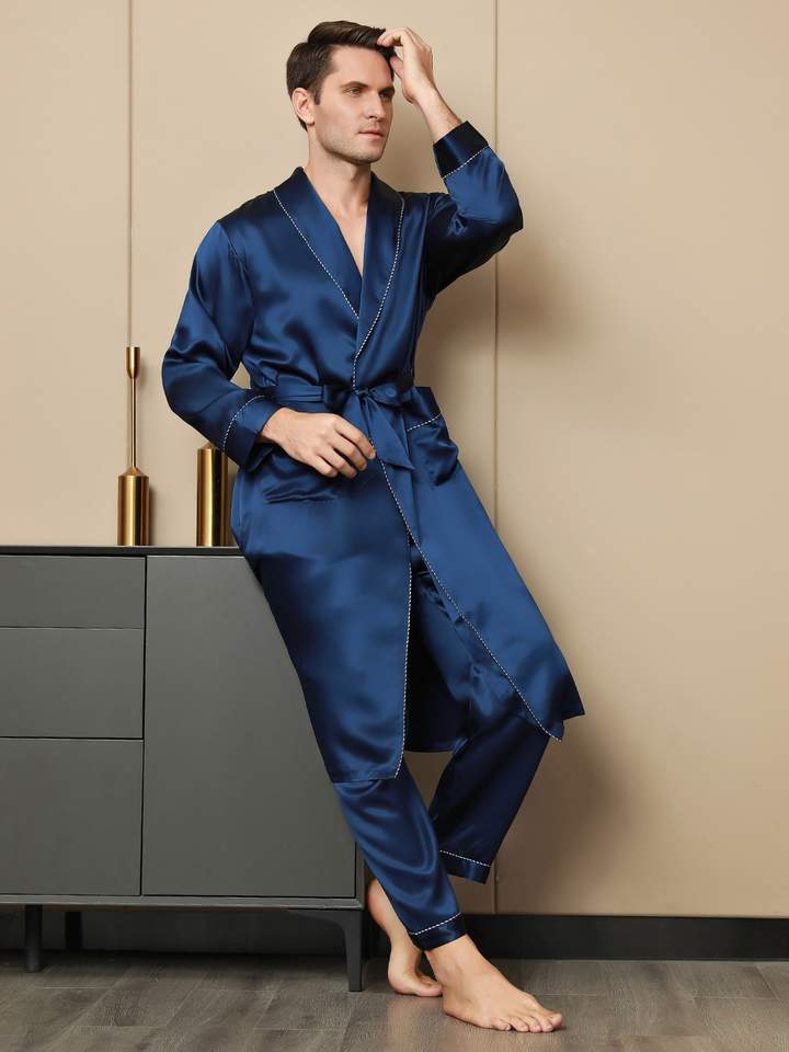 Pure Blue Silk Contrast Piping Belted Robe (Without Pants)
