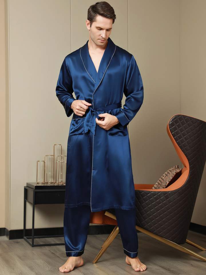 Pure Blue Silk Contrast Piping Belted Robe (Without Pants)