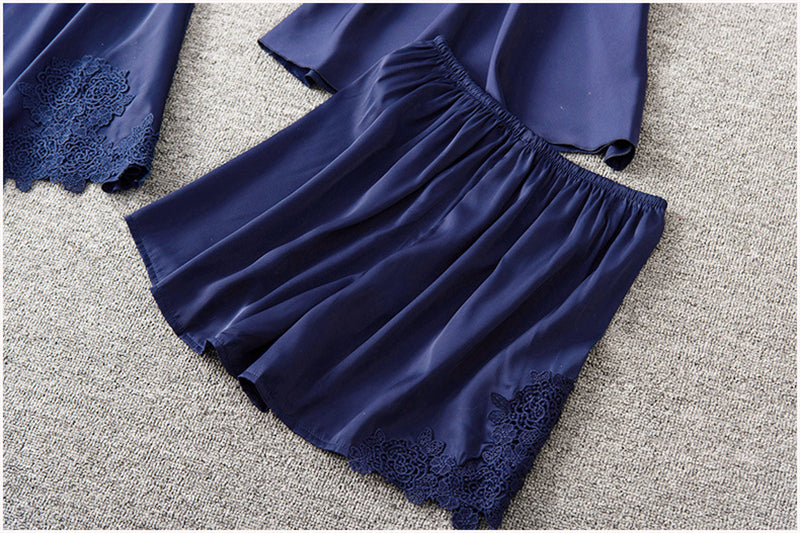 Women Navy Silk Satin Cami Top Robe Sleepwear Nightdress with Chest Pads 5-Piece Sets