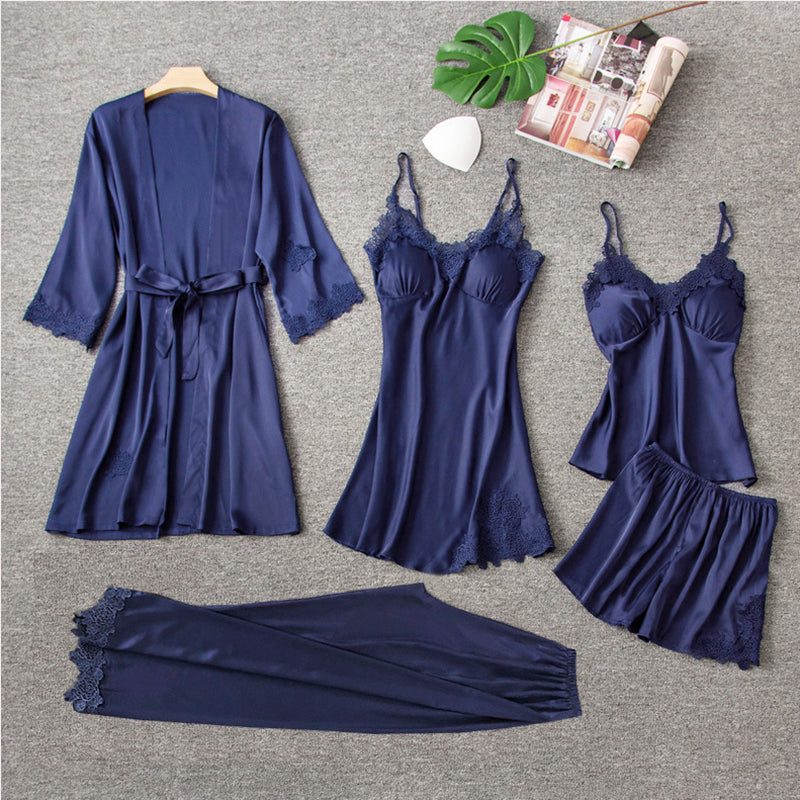 Women Navy Silk Satin Cami Top Robe Sleepwear Nightdress with Chest Pads 5-Piece Sets