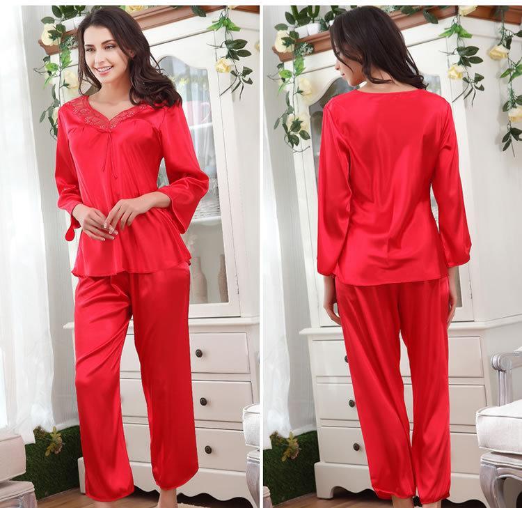 Bow Front Lace Trim Silky Couple Pajama Set