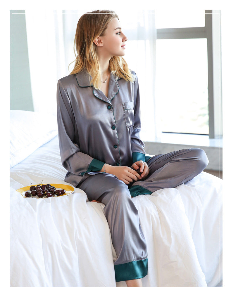 Lapel Collar Women Satin Pajama Set