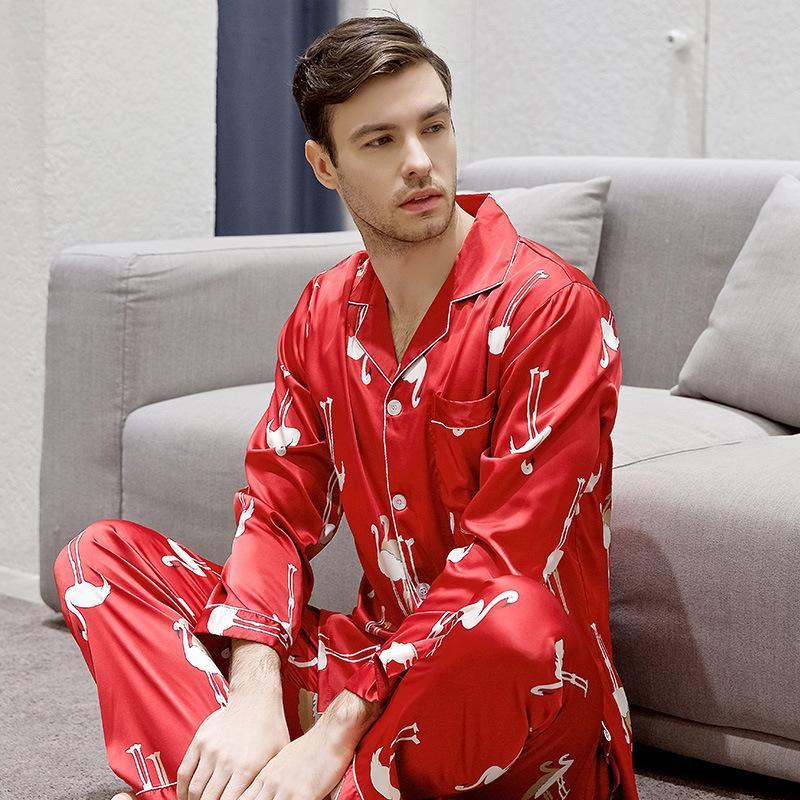 Chic Trimmed Flamingo Print Satin Couple Pajamas Sets