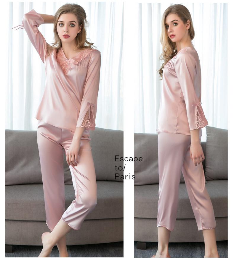 Pure Satin Lace Flower Trim Pajamas Set 2Pcs