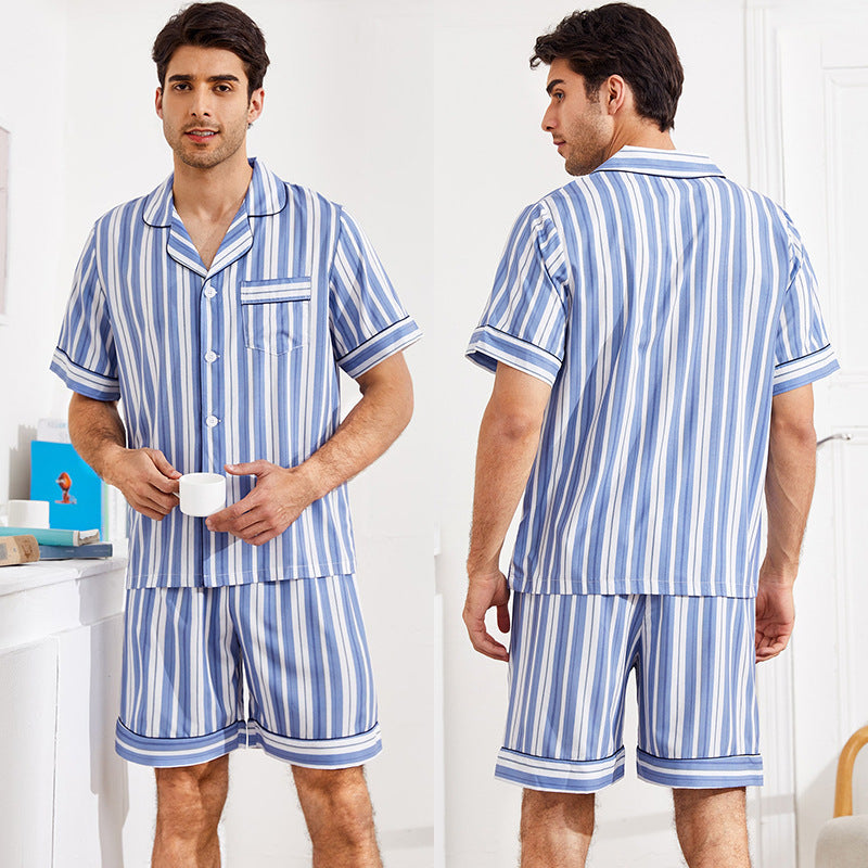 Chic Pipped Satin Mens Short Pajamas Set