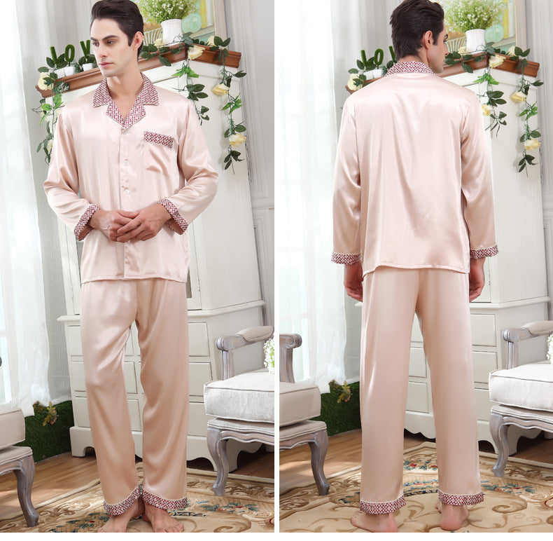 Luxurious Embroidered Collar Men's Satin Pajamas Set 2pcs