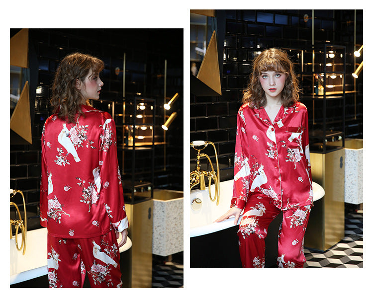 Floral Print Contrast Piping Satin Blouse & Pants Pajamas Set