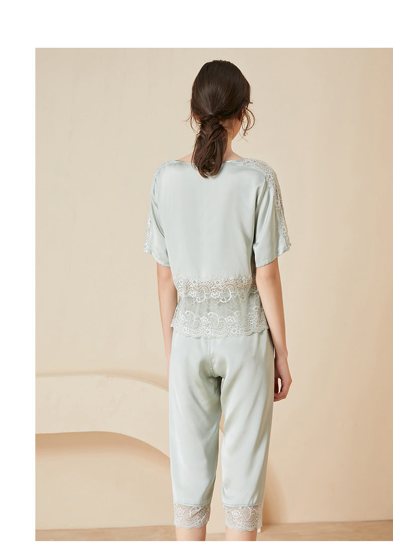 Lace Cuffs Hem Pure Silk Pajamas Set