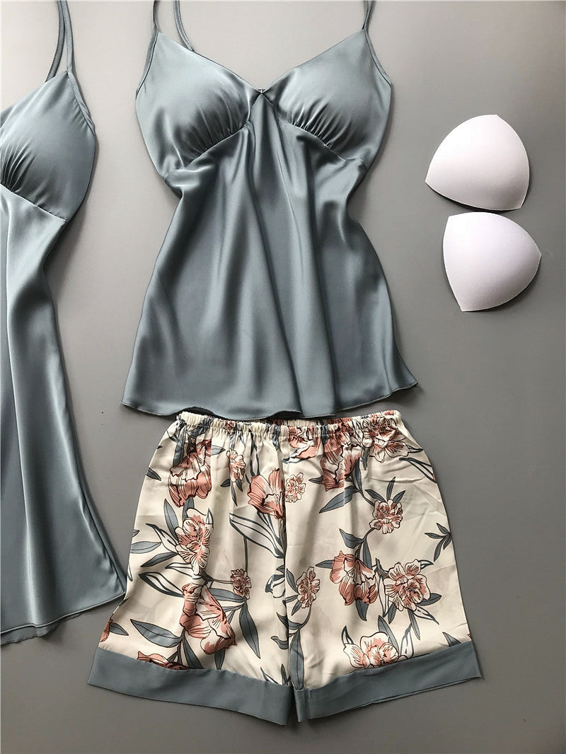 Women Floral Print Pajama Dress Shorts Four-Piece Set with Chest Pads