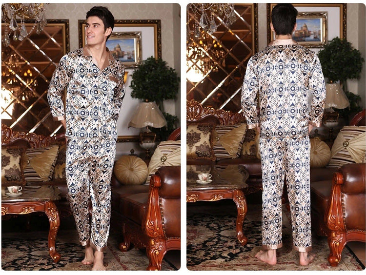 Floral Print Contrast Piping Men's Satin Pajamas Set 2pcs