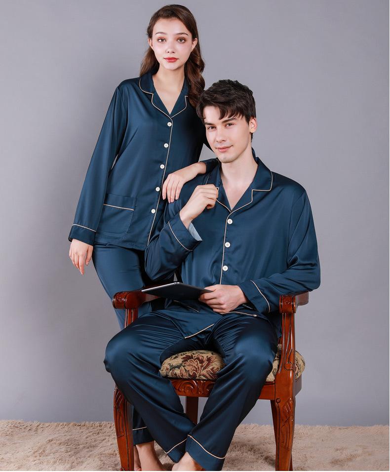Solid Blue Mens Satin Pajamas Set