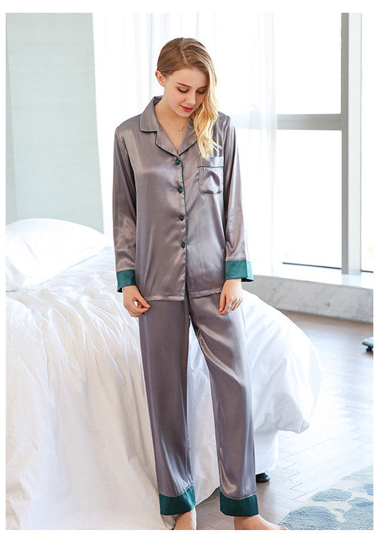 Lapel Collar Women Satin Pajama Set