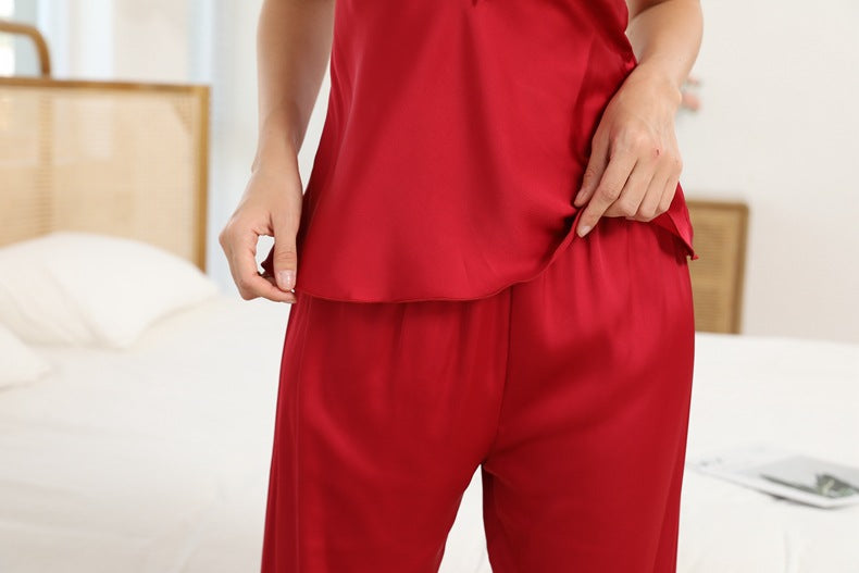 3pcs Satin Solid Cami Top & Pants Red Lace Trim Robe PJ Set