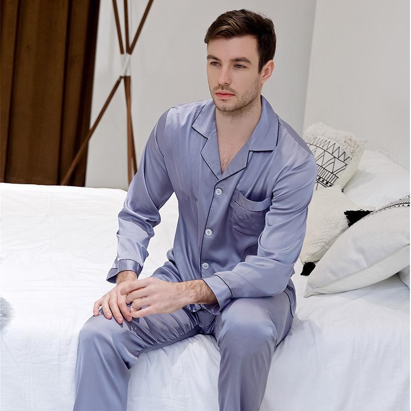 Chic Trimmed Satin Couple Long Sleeve Pajamas Sets