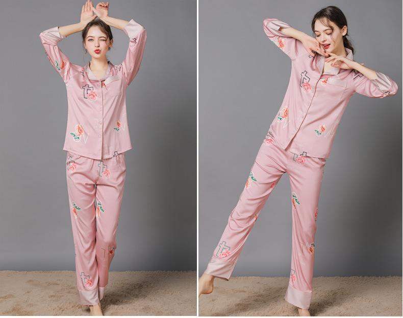 Floral Print  Women's Satin Long Sleeve Pajamas Set