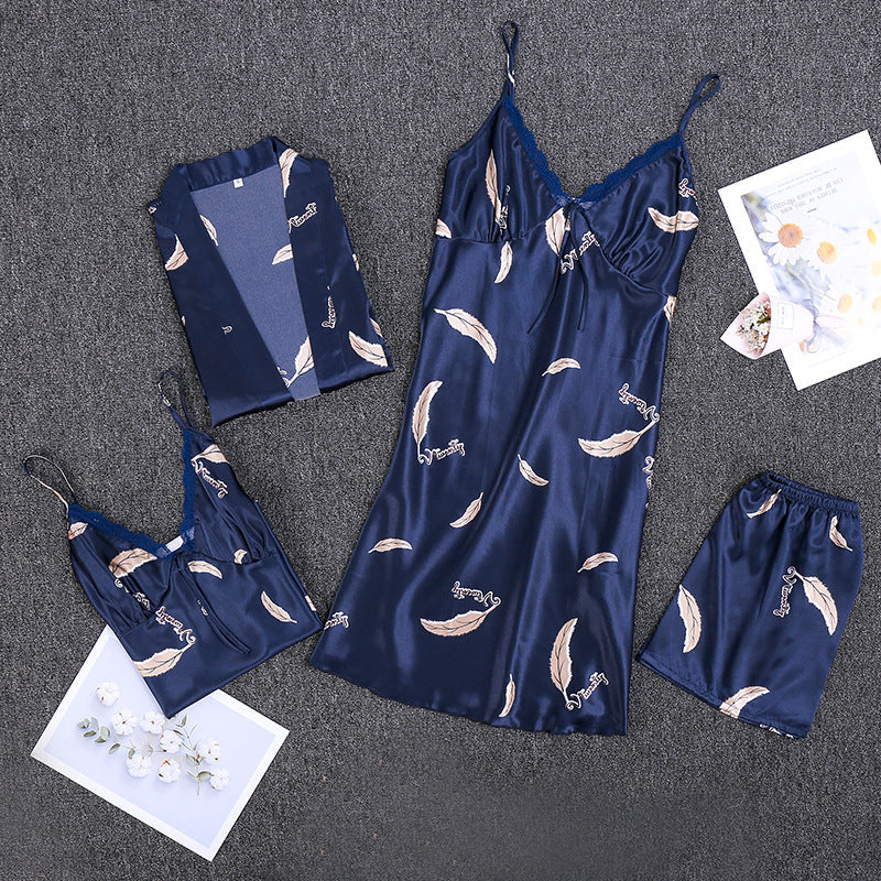Women Summer Sexy Navy Silk Pajamas Shorts Nightgown 4-piece Set 1275
