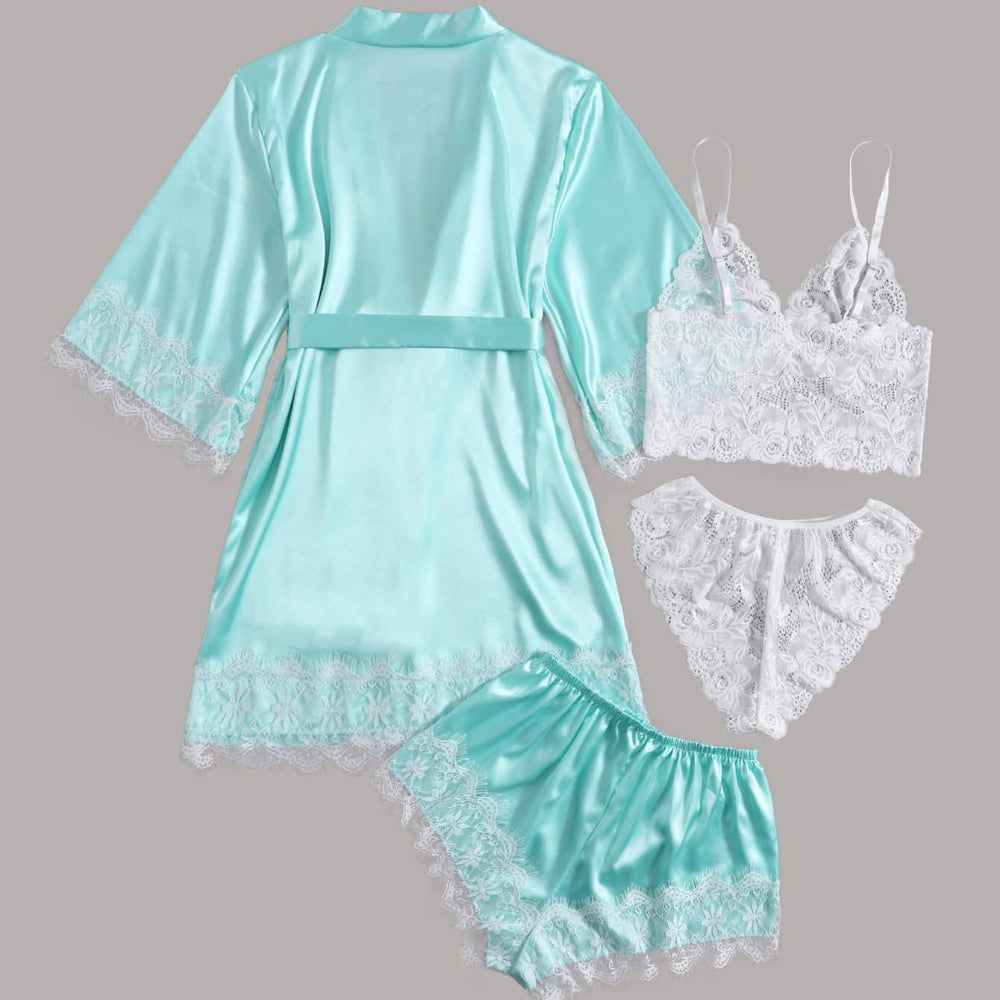 Women Light Blue Satin Pajamas Lace Exotic Lingerie 4-Piece Set