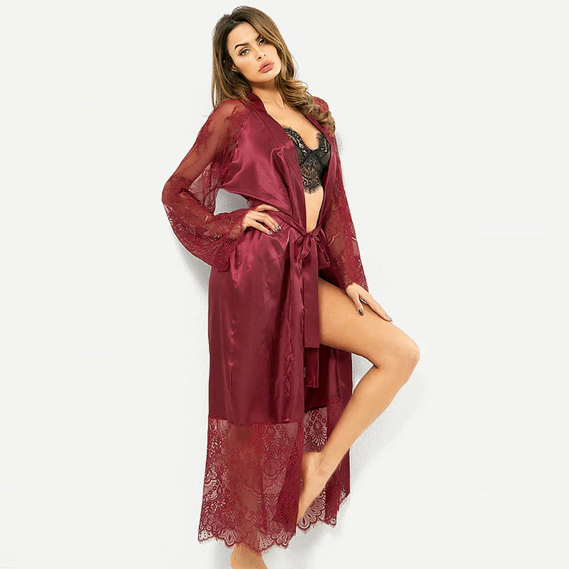 Women Satin Robe Lace Lingerie Pajamas Set 3340