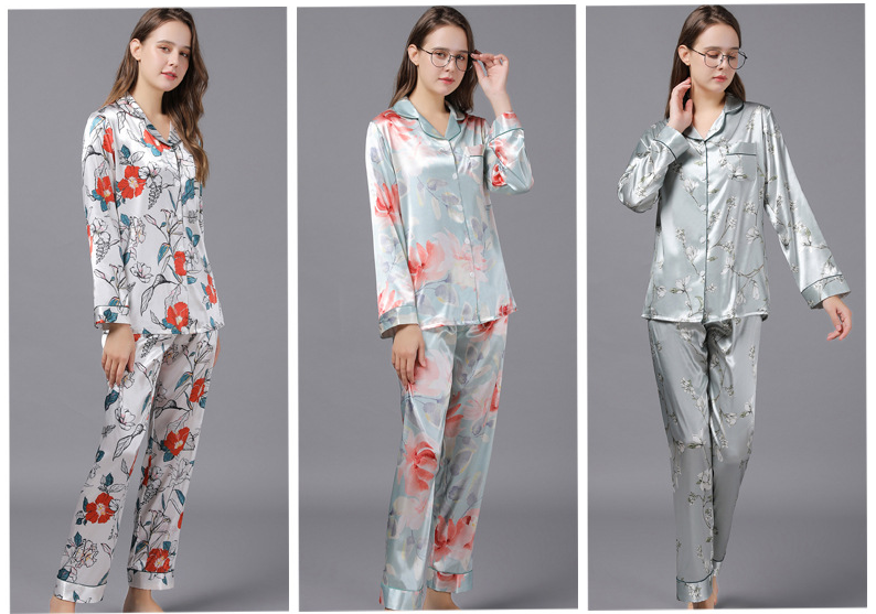 Floral Print Lapel Collar Satin Pajamas Set