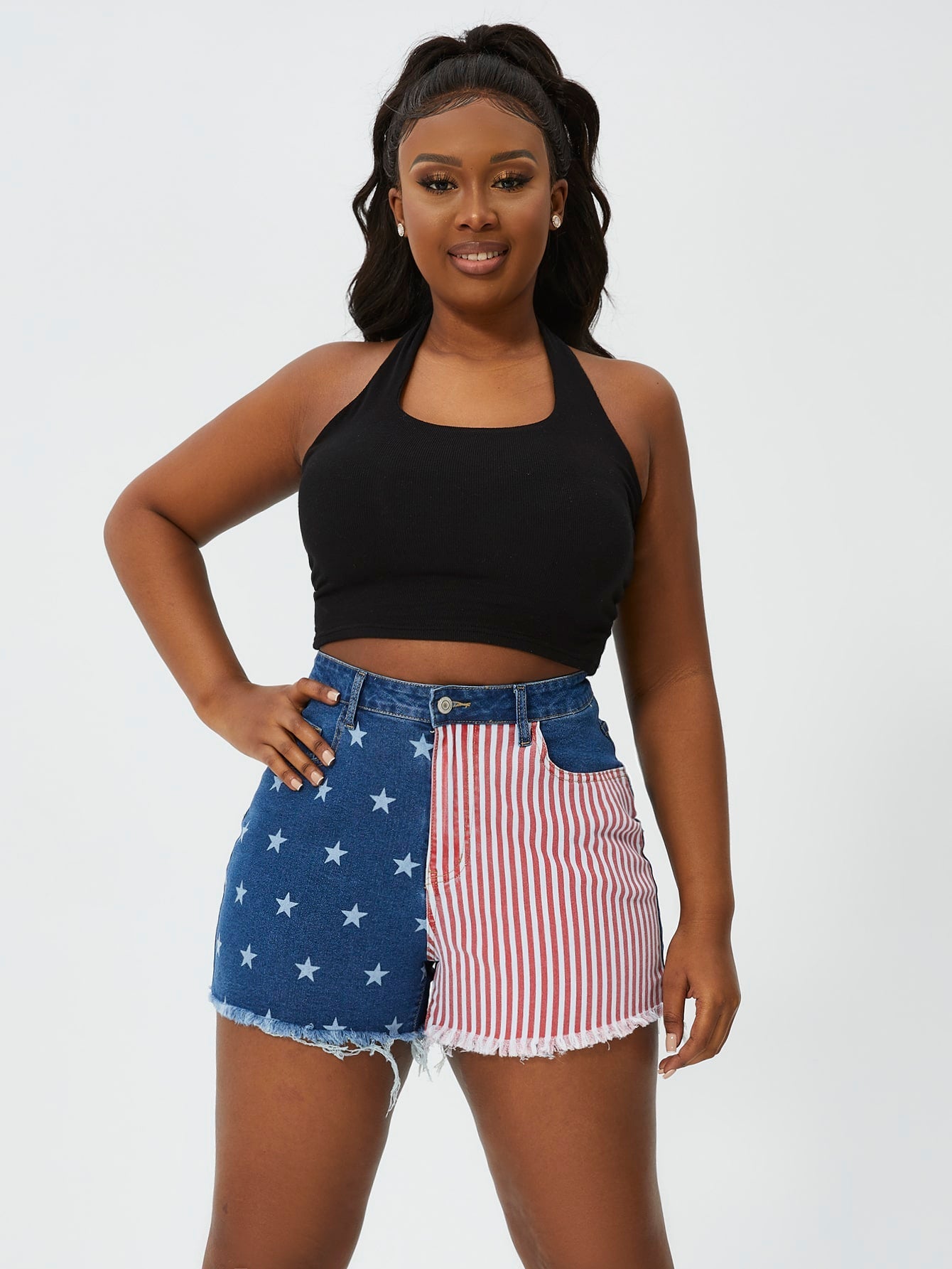 American Flag Print Raw Cut Denim Shorts
