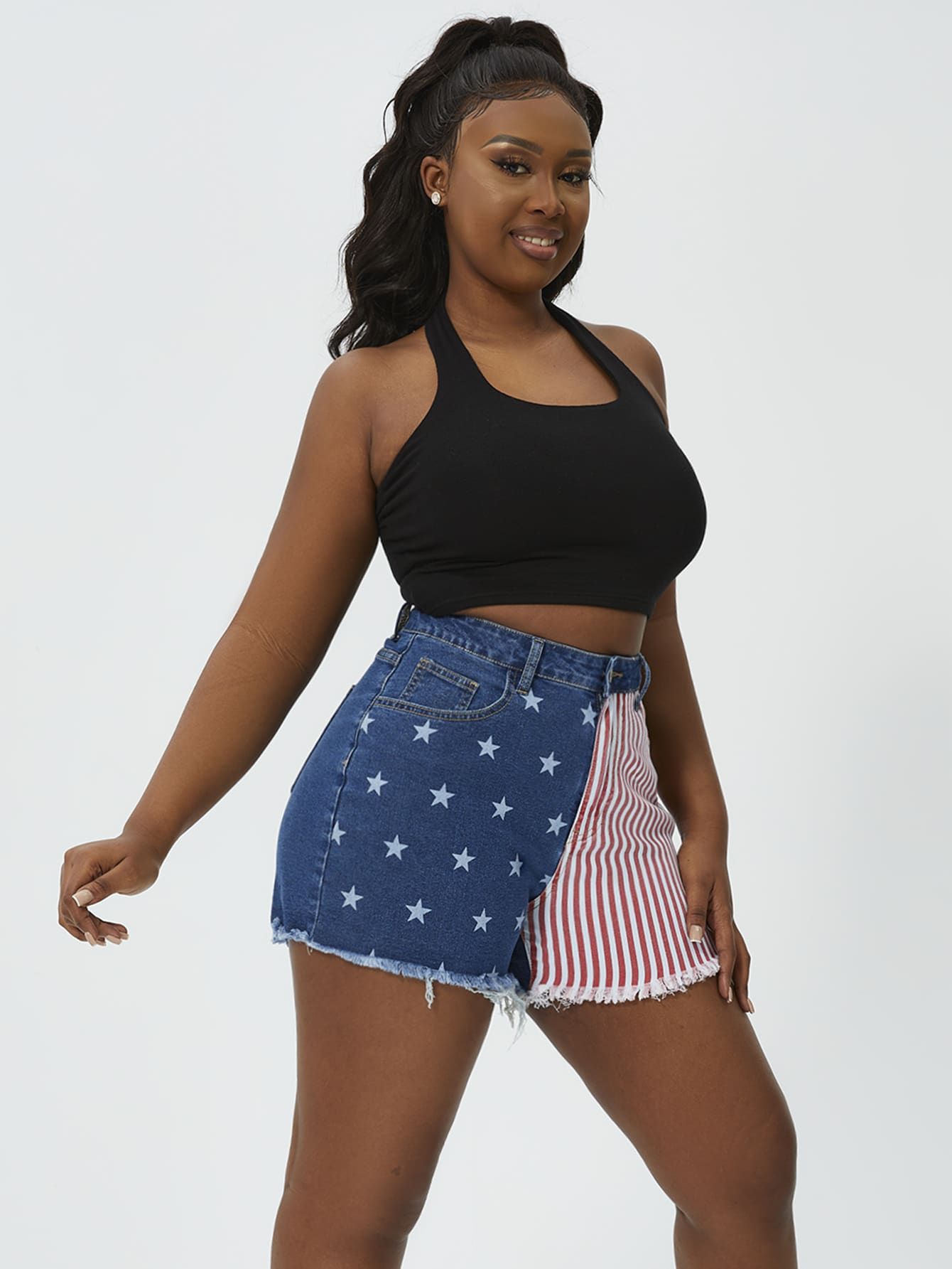 American Flag Print Raw Cut Denim Shorts