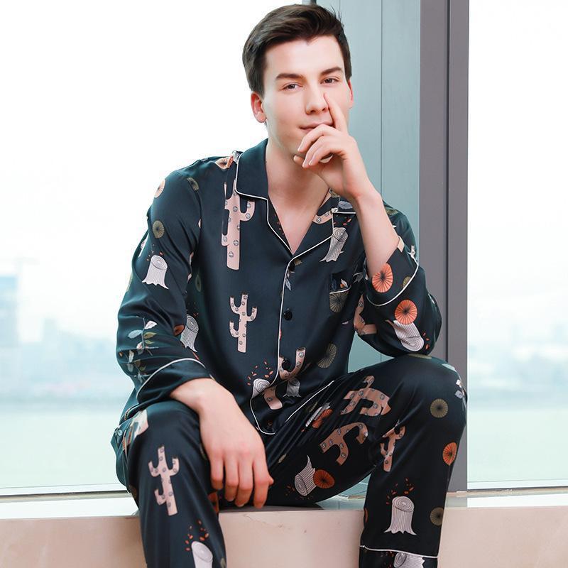 Graphic Print Luxe Men Satin Pajamas Set