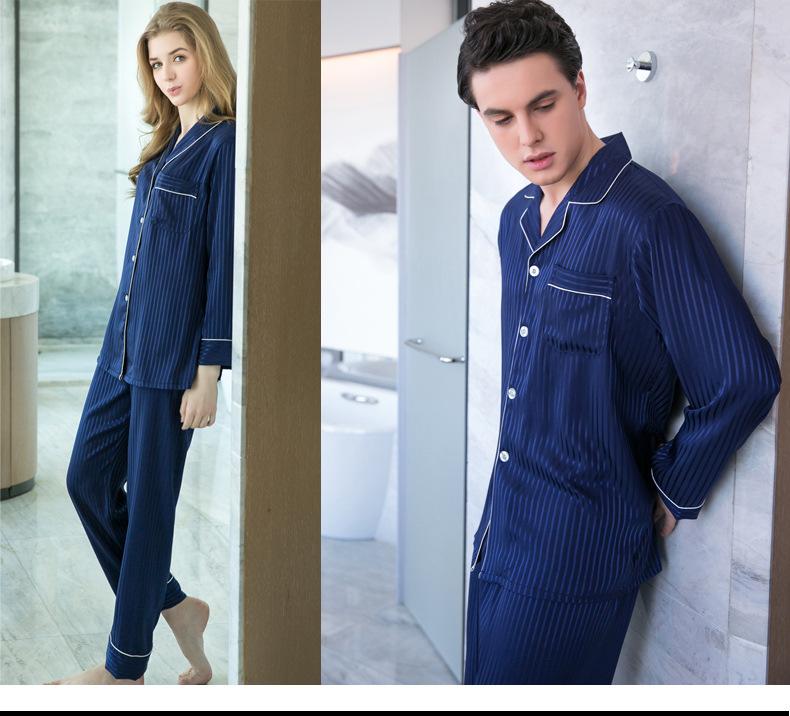 Blue Stripe Couple Satin Pajamas Set