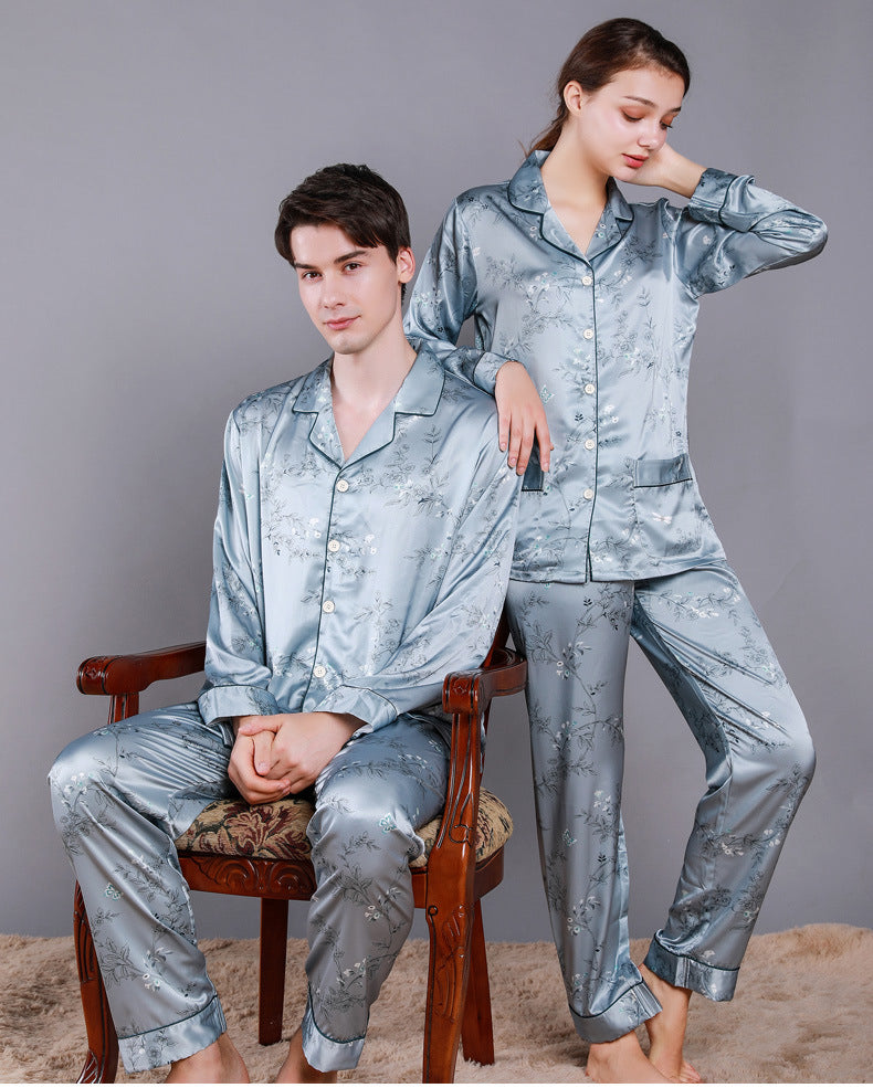 Allover Floral Print Silky Satin Couple Pajamas Set