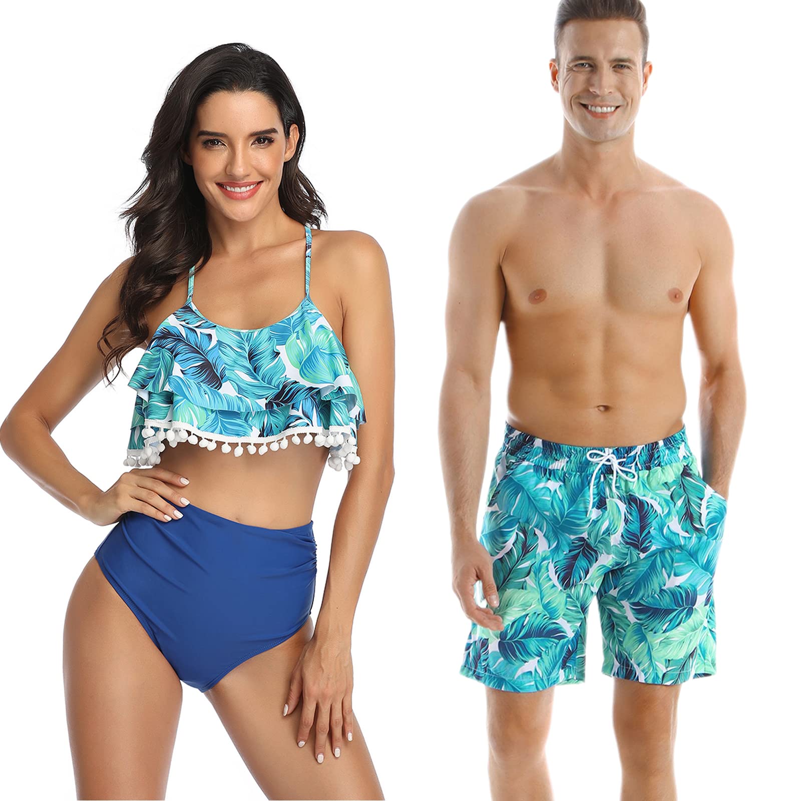 Couple Matching Swimsuits Tropical Print Hanky Hem Bathing Suits