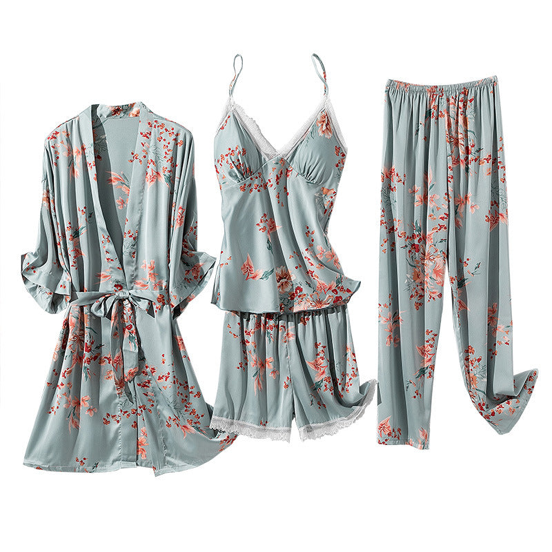 Women Sexy Sky Blue Floral Print Thin pajamas with Chest Pads 4-Piece Sets 0239