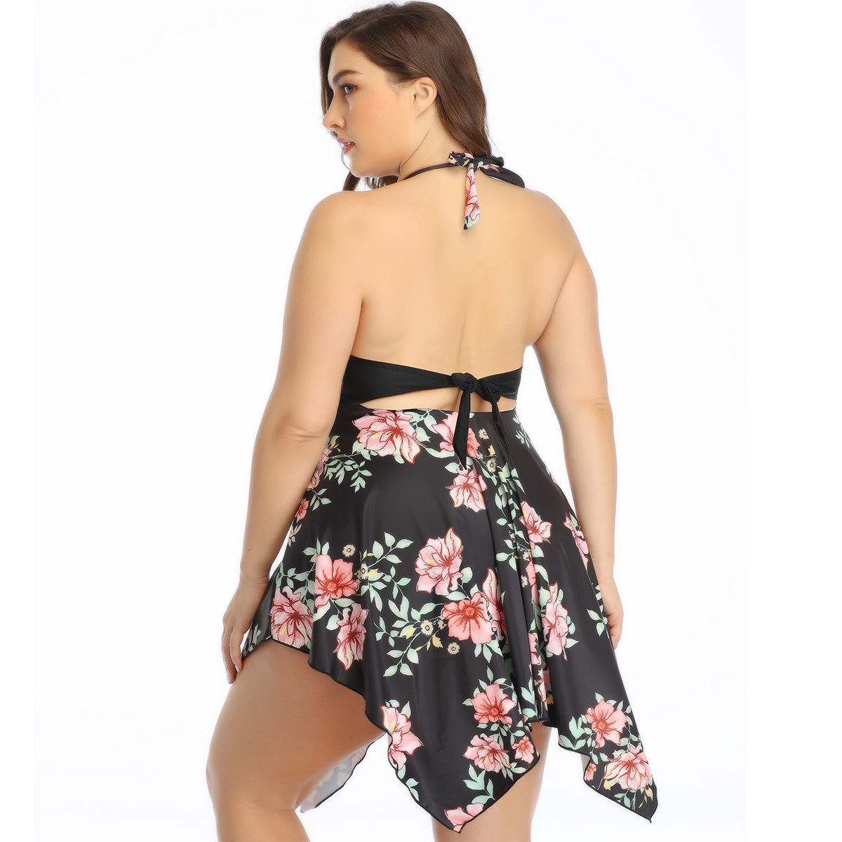 Floral Print Halter With Shorts Black Tankini Swimsuit