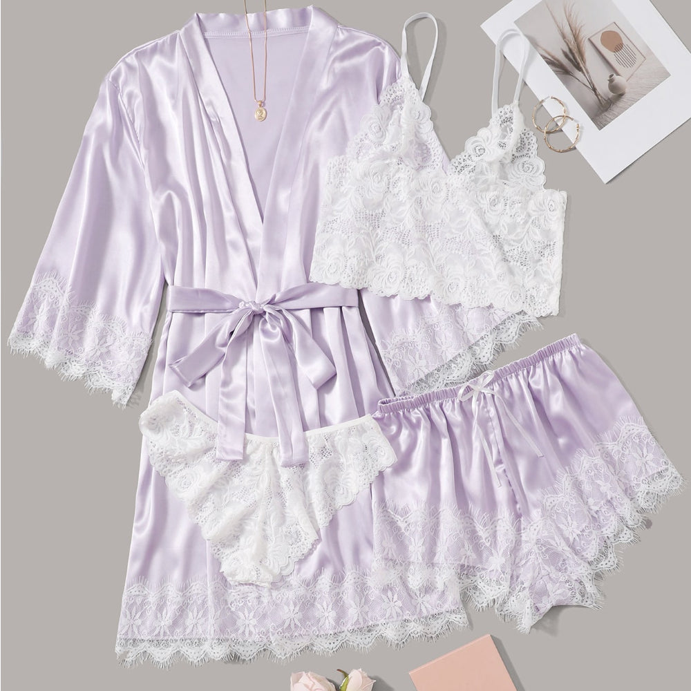 Women Light Purple Satin Pajamas Lace Exotic Lingerie 4-Piece Set