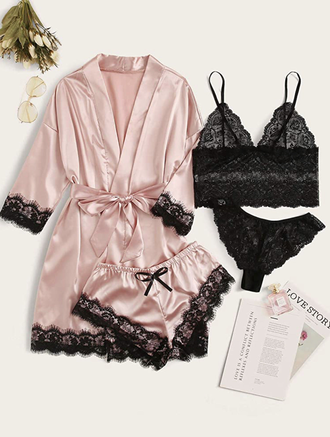 Ladies Pink Satin Sling Pajamas Robe Lace Exotic Lingerie 4-Piece Set AL-641765901564