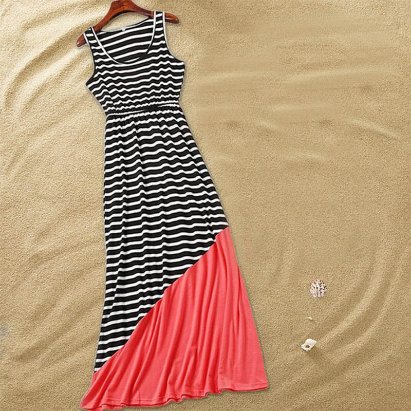 Stylish Striped Color-blocking Sleeveless Maxi Dress in Black