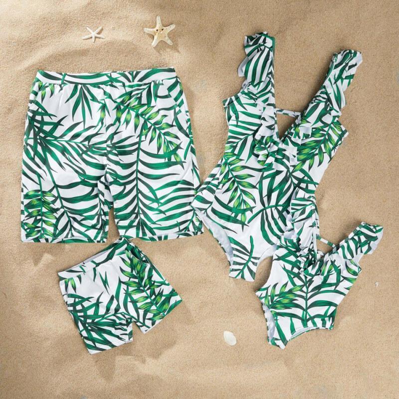 Green Leaf Print Family Matching Swimsuits With Baby