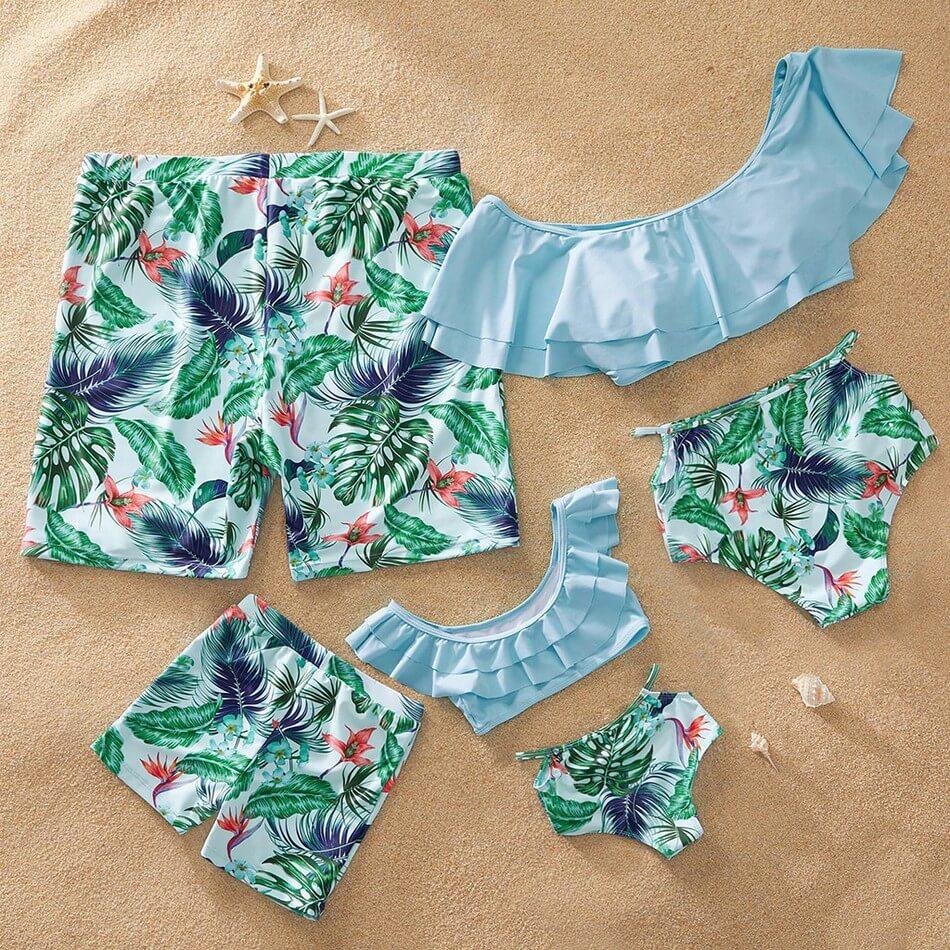Off-shoulder Flounce Plants Print Family Matching Swimsuits With Baby