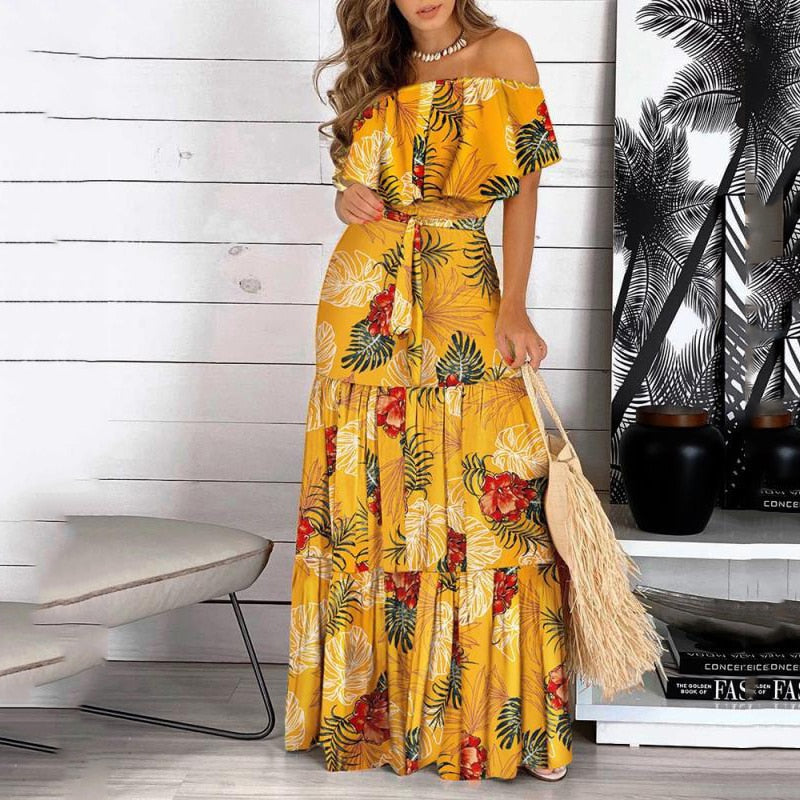 Leopard Robe Print Long Dress Ruffle Maxi Sundress