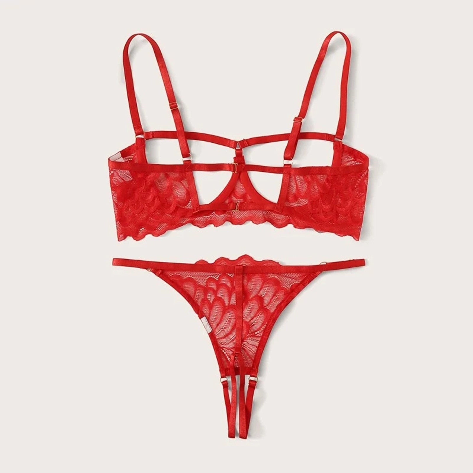 Sexy Lace Mesh Hollow Out Open Bras Crotchless Panties Two-piece Suit Red Underwear Set