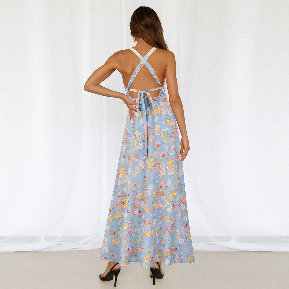 Floral Print Backless Maxi Dress