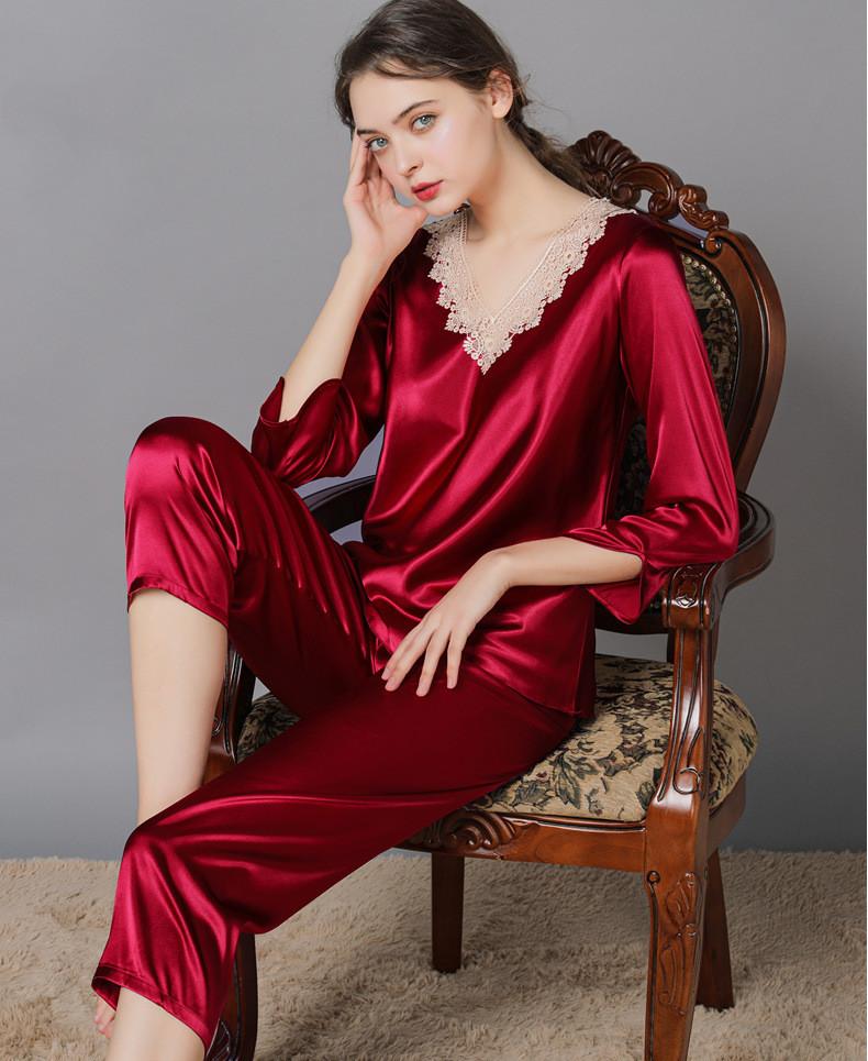Women's Lace Floral Soft Satin Pajama Set