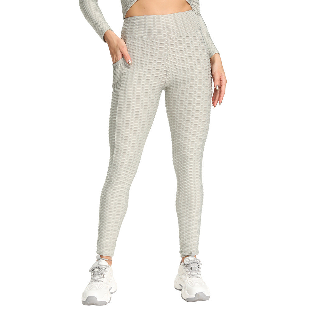 Women Slim Hip Lifting Jacquard Bubble Sports Leggings Yoga Pants With Pockets 9718