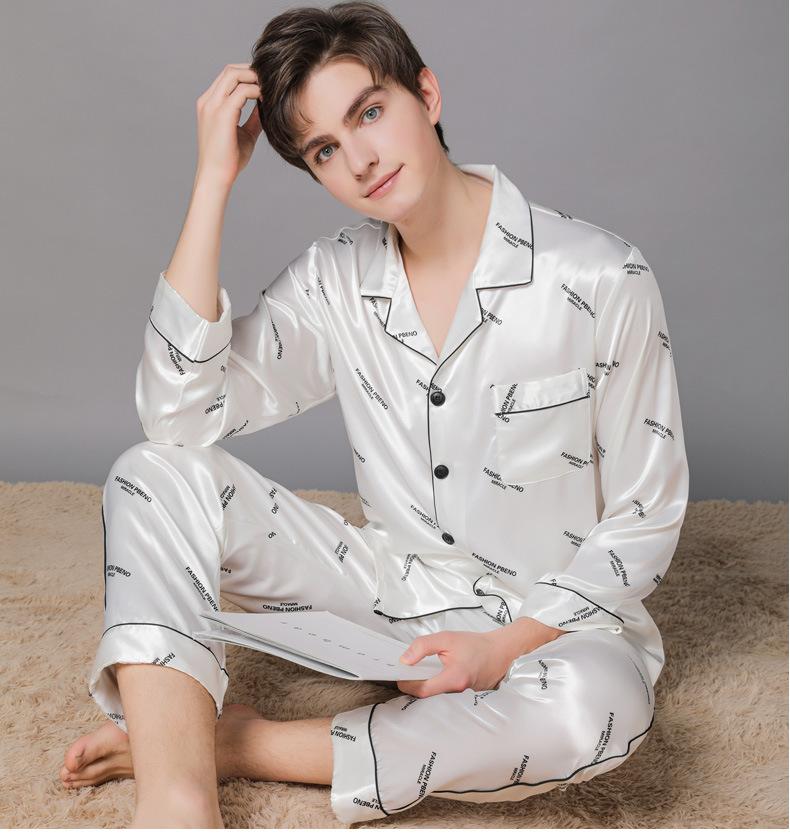 Classic Couple Letter Print Satin Men Pajama Set