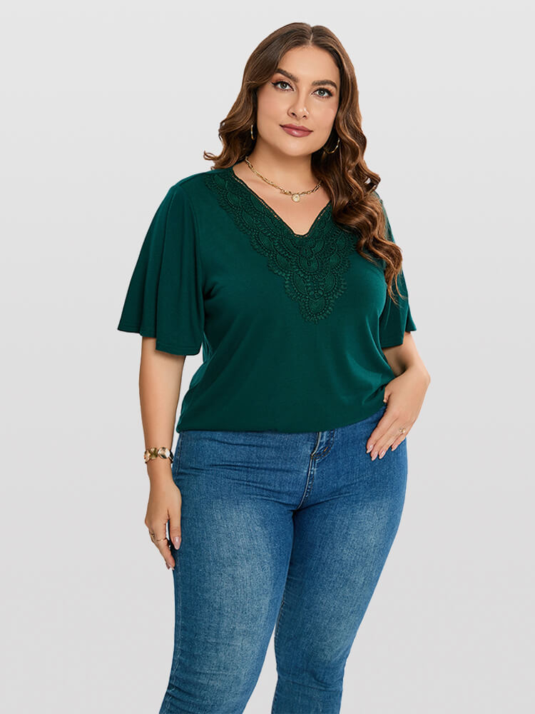 Plus Green  Lace Patchwork V-Neck Ruffle Sleeve Tee