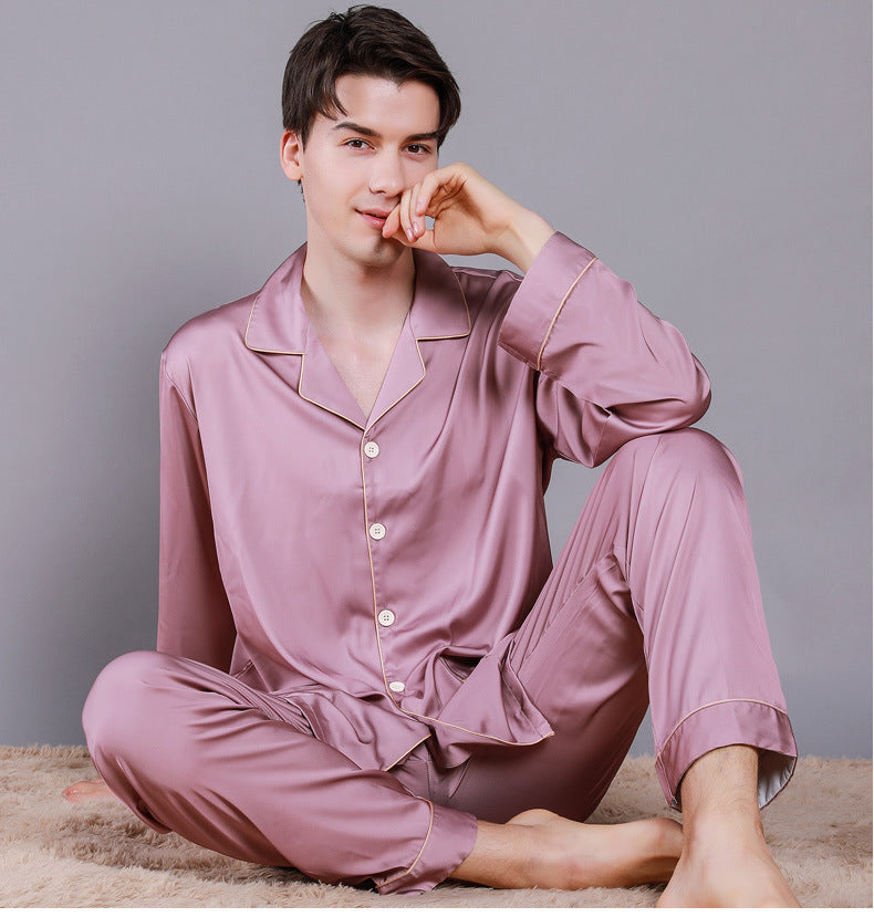 Solid Binding Trim Mens Satin Pajamas Set
