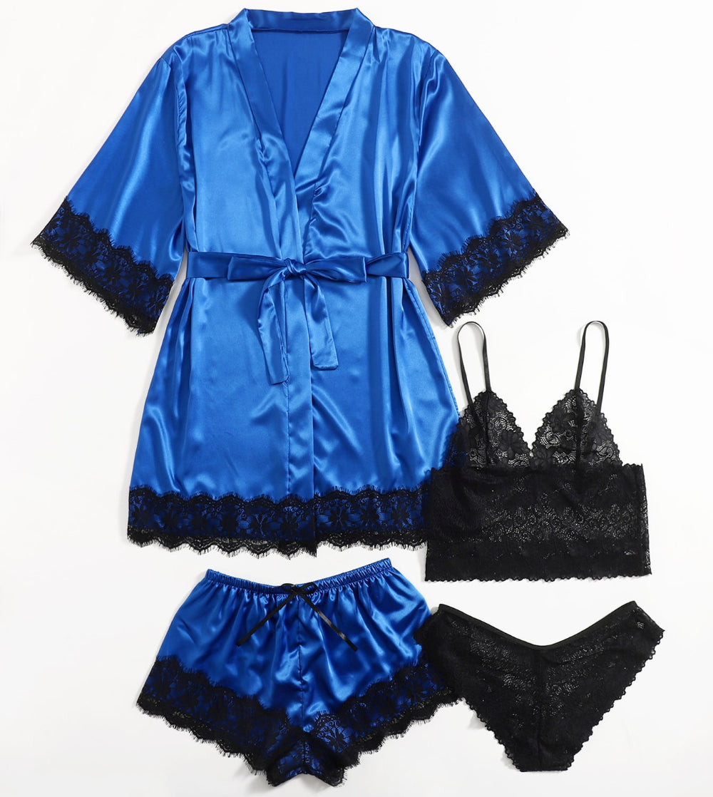 Women Blue Satin Pajamas Lace Exotic Lingerie 4-Piece Set